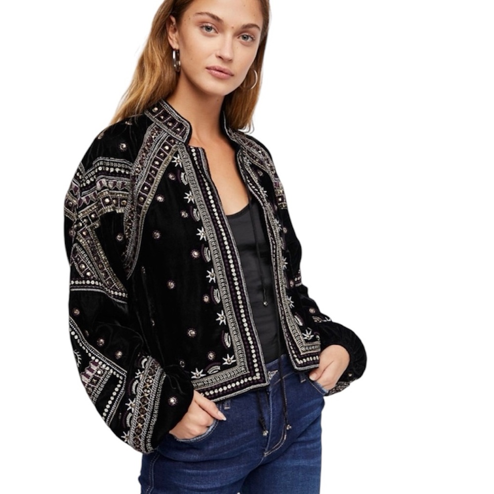 Free People Black Velvet Embroidered Bomber Jacket